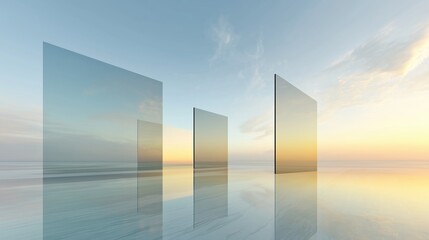 Fototapete - Abstract minimalist cityscape with three glass skyscrapers reflecting sunset over calm water, clean gradient transition from light blue to golden yellow under clear sky, modern architecture with geome