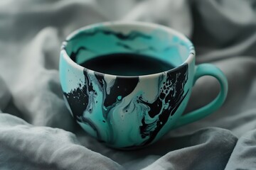 Poster - Teal mug with swirling paint patterns on a bed of fabric.
