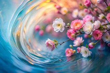 Wall Mural - pink white flowers on swirling turquoise water