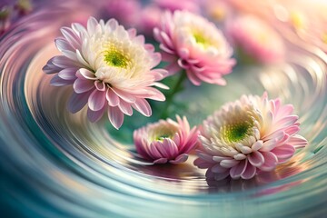 Wall Mural - pink chrysanthemum flowers floating in water vortex soft light floral scene