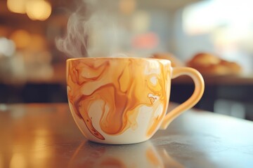 Poster - Blurred cafe scene showcasing a steaming coffee mug.