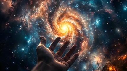 hand reaching toward a distant galaxy