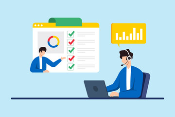 Poster - Flat illustration of consultant communicating tasks with client using dashboard and analytics report in remote customer support service