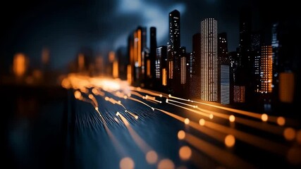 Poster - Nightscape of City Lights: An illuminated cityscape against a dramatic night sky, with streaks of light depicting data flow, representing technological advancement and progress.