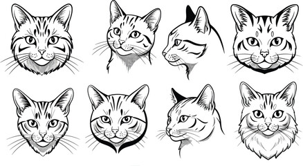 Naklejka na meble Cat head sketches showing different angles and expressions in black and white line art vector illustration 