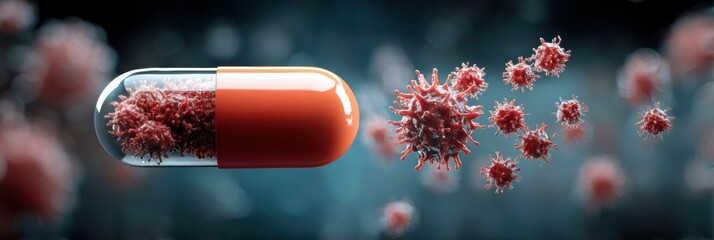 Poster - Visual Concept of Antibiotic Pill Capsule Battling Resistant Bacteria in a Health Context Generative AI