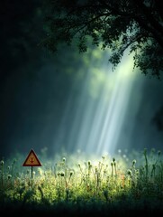 Poster - Dramatic Emergence of Biohazard Sign From Illuminated Bacteria Field in Serene Environment Generative AI