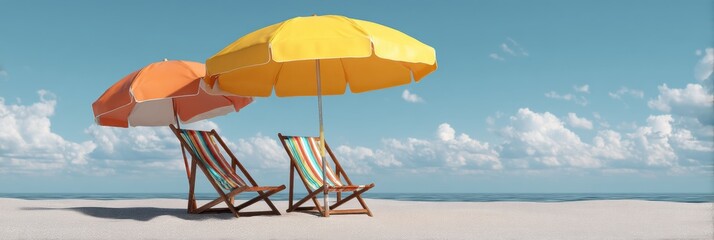 Poster - Relaxing Summer Vacation With Colorful Beach Umbrellas and Chairs on Serene Sandy Shore Under Clear Blue Skies Generative AI