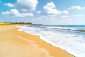 Wall Mural - sunny beach scene with gentle waves lapping golden sand under a bright blue sky dotted with fluffy w