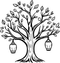 Poster - Whimsical tree with decorative pots hanging from its branches, depicted in a simple, graphic black and white drawing.