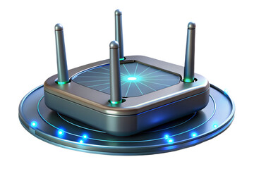 Poster - Futuristic rendered image of a glowing modern wireless router with four antennas on White background