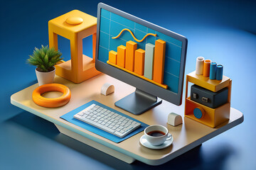 Poster - Modern office desk with computer displaying financial growth statistics and charts