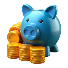 Poster - Blue piggy bank and gold coins representing savings financial growth and investment