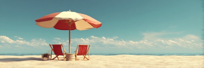 Leinwandbilder - Beach Umbrella and Chairs on Sandy Shore Create Perfect Summer Vacation Setting for Relaxation and Fun Under the Sun Generative AI