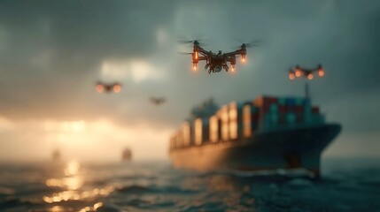 Poster - Futuristic Shipping Hub with AI Drones, advanced autonomous vessel navigating, drones inspecting cargo, streamlined operations, innovation in logistics and transportation.