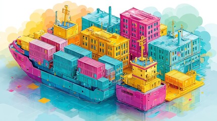 Poster - Isometric Illustration of Global Freight Logistics Featuring Container Ships, Warehouses, Customs Zones, Detailed Infrastructure, Dynamic Supply Chain Visuals