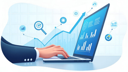 Poster - Hands typing on laptop with data analysis illustrations