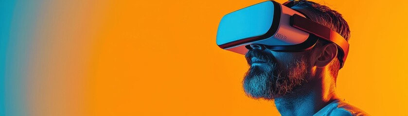 Poster - a person wearing a virtual reality headset against a vibrant orange and blue background, immersed in