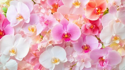 Poster - Luxurious wallpaper featuring soft pastel orchids and tropical blossoms arranged in an elegant, seamless floral pattern