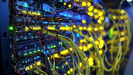 Poster - Visual representation of data connections within a modern server room highlighting vibrant lights and organized cables, network of connections over server room