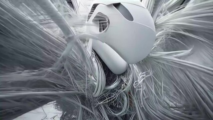 Poster - Swirling mass of wires creates an intricate web in a futuristic digital environment, Camera zooms into a swirling mass of wires 3D CGI