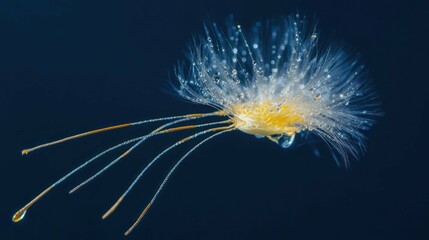 close-up of dandelion seed with water droplets on blue background.