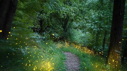Poster - Enchanting forest path illuminated by fireflies at twilight surrounded by lush greenery, fantasy fairy tale forest covered in greenery and fireflies