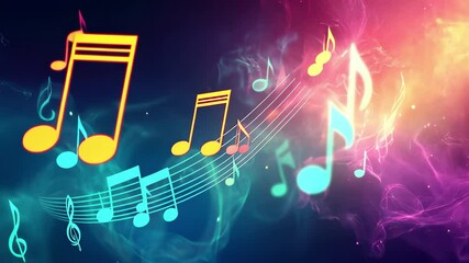 Poster - Magical animated background featuring colorful music notes and vibrant cosmic elements, Music animated background
