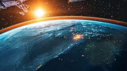 Aufkleber - Slow-moving view of planet Earth showcasing vibrant colors and illuminated regions during sunset, Beautiful and detailed slow camera move of planet earth in space in