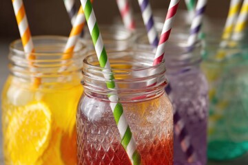 Leinwandbilder - Colorful Mason Jar Drinks With Striped Straws Ready for a Summer Gathering or Outdoor Party Generative AI