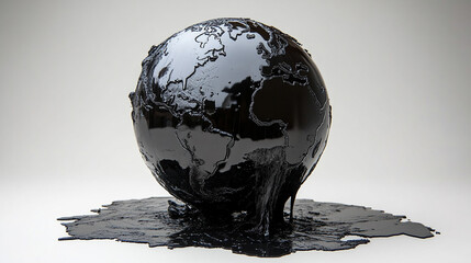 earth globe and world map engulfed in black oil and carbon textures, symbolizing environmental degra