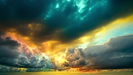 Poster - Dramatic clouds lit by a vibrant sunset over a calm ocean, thick colored clouds in the beautiful sky