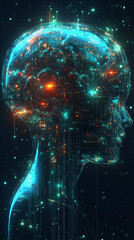 Poster - 
A futuristic electronic brain with glowing circuits symbolizes artificial intelligence, innovation, and the fusion of human cognition with digital technology, isolated on a transparent background.

