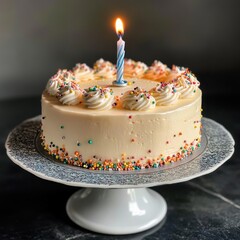 Poster - Delicious Birthday Cake with Sprinkles and a Lit Candle on a Decorative Cake Stand