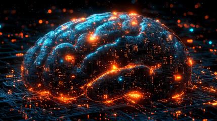 Poster - 
A futuristic electronic brain with glowing circuits symbolizes artificial intelligence, innovation, and the fusion of human cognition with digital technology, isolated on a transparent background.

