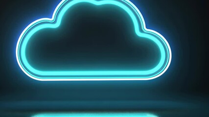 Poster - Neon blue glowing cloud icon in a black background with reflective surface during an overcast weather display, Neon glowing blue overcast weather icon in black background