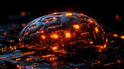 Poster - 
A futuristic electronic brain with glowing circuits symbolizes artificial intelligence, innovation, and the fusion of human cognition with digital technology, isolated on a transparent background.

