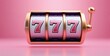 © VideoFlow - Slot machine with gold frame showing triple sevens jackpot, colorful creative style, on pink background. Concept of business luck and success. Ai generative