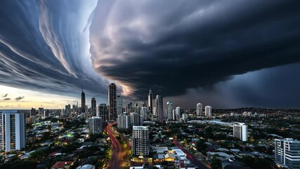 Poster - Dramatic cyclone clouds swirl above urban skyline in captivating time lapse, The cloudy cyclone above the city time lapse