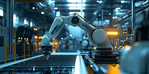 Poster - Advanced industrial robotic arm working on automated production line in modern factory illuminated by bright lights and sleek design elements