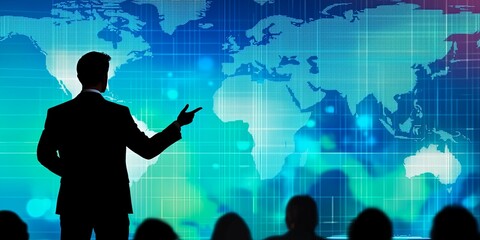 Poster - Professional presenter gesturing towards a digital world map background, showcasing global business trends and data visualization in a corporate setting
