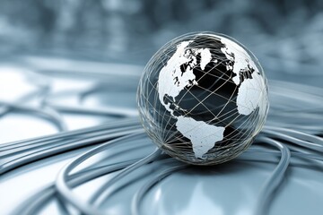 Aufkleber - Glass Globe on Metallic Surface Depicting Global Network and Interconnectivity Concept
