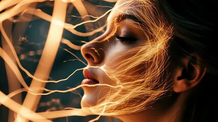 Poster - Electricity effect creates glowing lines around a woman's face on a black background, Electricity Effect Video In Black Background