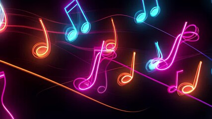 Poster - Neon musical notes glowing in vibrant colors create an energetic atmosphere at a music event, animation or motion graphics of neon light music effect on black background