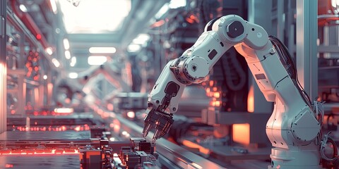 Poster - Advanced robotic arm performing precise assembly tasks in a modern automated manufacturing facility with futuristic technology and optimized workflows