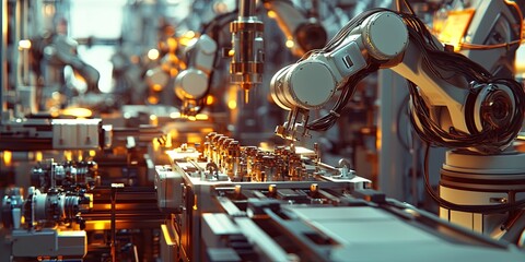 Poster - High-Tech Industrial Automation with Robotic Arm in Modern Manufacturing Facility Enhancing Precision and Efficiency in Assembly Line Operations
