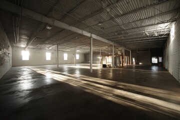 Poster - Spacious Empty Warehouse Interior with Natural Light Streaming Through Windows and Steel Beams