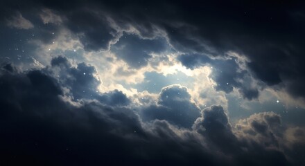 Wall Mural - Dramatic Sky with Dark Storm Clouds Revealing Glimmering Stars and Sunlight