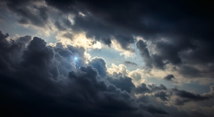 Wall Mural - Dramatic Clouds in Night Sky with Stars and Glowing Light