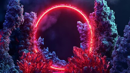 Poster - Abstract cycled background combining red and blue neon elements with crystal formations and glowing arch, ing 3d Abstract cycled background with red blue neon frame